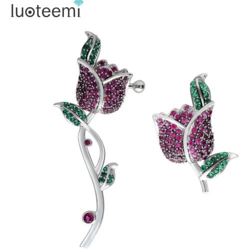 LUOTEEMI New Fashion Asymmetry Brass Material CZ Micro Pave Rose Flower Charming Bar Jewelry Earrings For Women Wedding Party