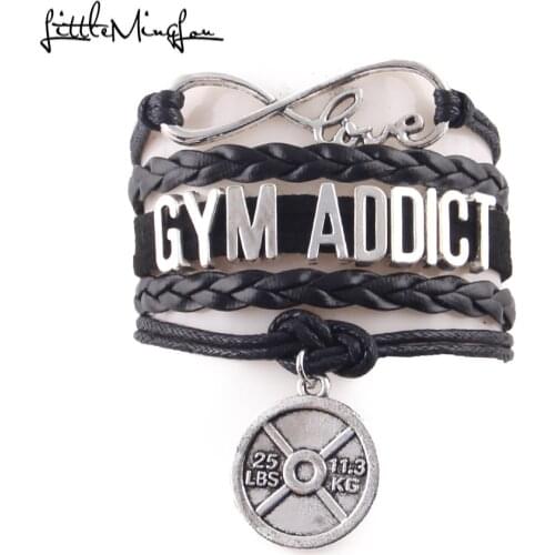 Little Minglou Infinity love gym addict bracelet sport Barbell charm men Bracelets & Bracelets for women Fitness hobby jewelry