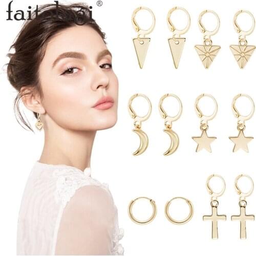 Fashion Star Moon Small Dangle Earrings For Women Gold Color Geometry Round Heart Cross Charm Earrings Female Jewelry