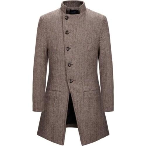 England woolen coat mens personalized oblique button slim mid-length stand collar jacket winter autumn casaco masculino grey