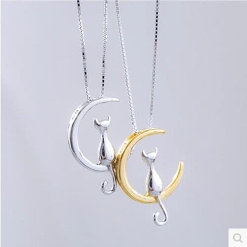 Daisies Real Pure 925 Sterling Silver Lovely Cat On the Gold&Silver Moon Pendant Necklace Statement Necklace for Women Gift