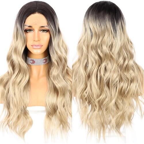 Ombre Brown Wavy Synthetic Lace Wigs Long T Middle Part Wig High Temperature Party Cosplay Daily for Women Wear Darg Queen