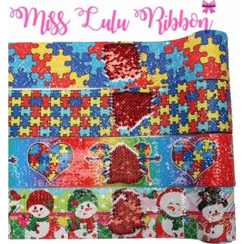 3"75mm Puzzle Series Heart Snowman Printed Double Reversible Hologram Red Sequin Ribbon DIY Christmas Decor 46yards