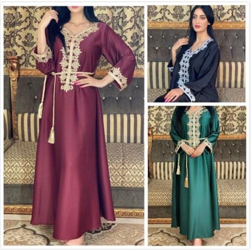 Muslim Women Graceful Full Body Embroidery Dress Middle East V-neck Full Sleeve Ankle-length Satin Loose Dresses 2021 Autumn
