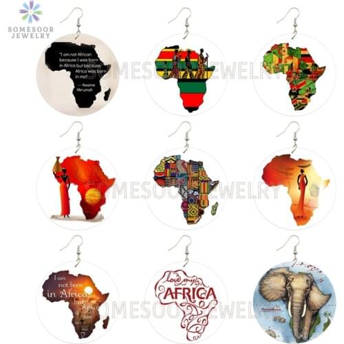 SOMESOOR Both Printed Afican Map Wood Earrings Collections Black Sayings Headwrap Lady Afrocentric Ethnic Jewelry For Women Gift