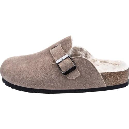 Winter Women Faux Cow Suede Leather Mule Clogs Slippers Long Plush Warm Indoor Soft Cork Buckle Slides Footwear for Women Men 21
