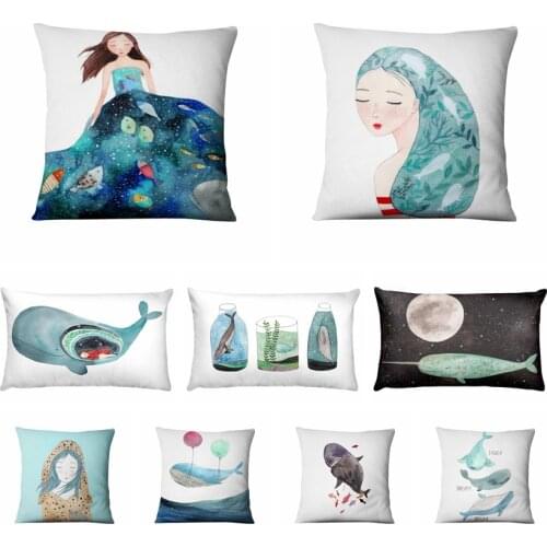 Home Pillow Decoration Nordic Marine Printed Cushion Decorative Pillow Whale And Girls Home Decor Sofa Throw Pillows 45*45cm