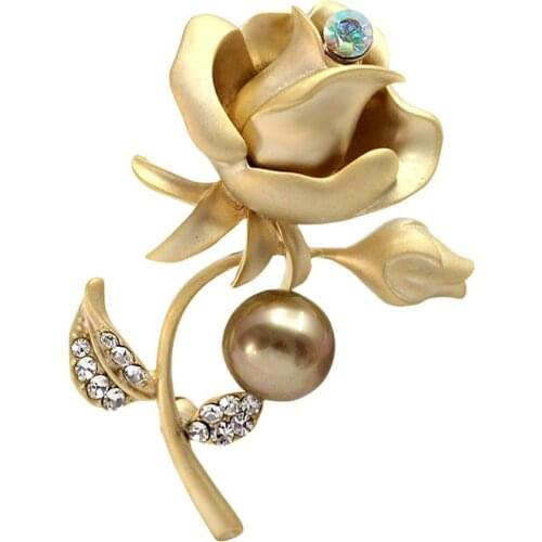 New Fashion Brooches Matt Gold Rose Flower Pins Brooches Full Crystal Rhinestone Brooch For Women Wedding Jewelry