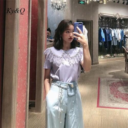 Brand Temperamental Purple Lace Turn-Down Collar T-Shirt Women Chic Beading Diamonds Short Sleeve Tops High Quality Clothes