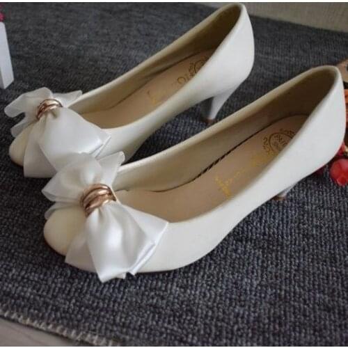 5CM middle heel white bow satin butterfly-knot bridal pumps shoes ladies girls party proms white bowtie pumps shoes