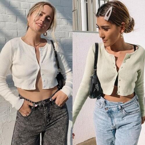 ZITY Meihuida Summer Autumn Women Korean Fashion Sexy Long Sleeve Open Front Button Up Knitting Cardigan Crop Top Short Sweaters