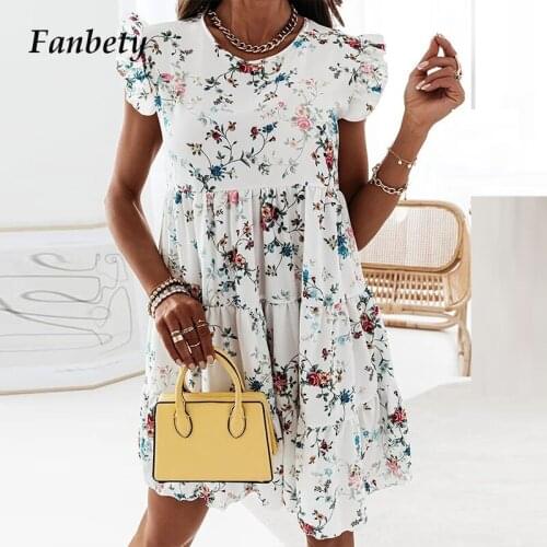 Women Elegant Floral Print Mini Dress 2021 Summer Casual O-Neck A-Line Party Dress Ladies Fashion Butterfly Sleeve Pleated Dress