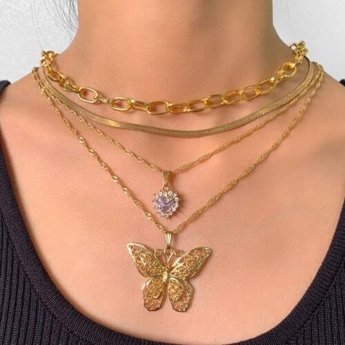 Flatfoosie Multi Layer Butterfly Heart Crystal Pendant Necklace For Women Gold Color Metal Snake Chain Necklace Boho Jewelry