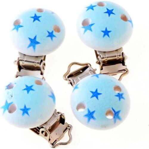 5PCs Baby Pacifier Clips Blue Star print Wood Metal Holders Cute Infant Soother Clasps Funny Accessories 4.8x2.9cm