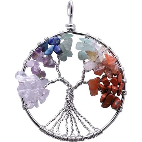 50*50mm Copper Crystal 7 Chakra Pendant Necklace Tree Of Life Natural Stone Necklace Quartz Stones Pendant Women Christmas Gift