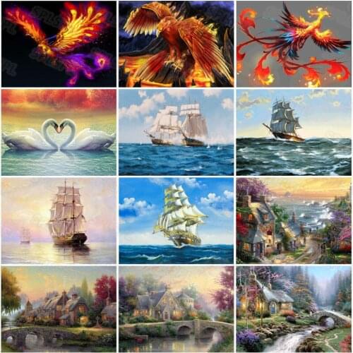 Diamond Painting Oriental Legend Multi-Tailed Color Phoenix Sailing Boat Town Style Architectural Landscape Living Room Poster