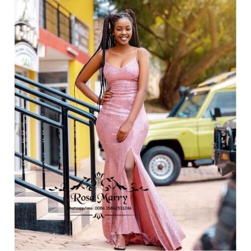 Sparkle Pink Sequined Mermaid Prom Dresses 2020 Cheap Backless High Split African vestidos de fiesta Formal Dresses Evening Wear