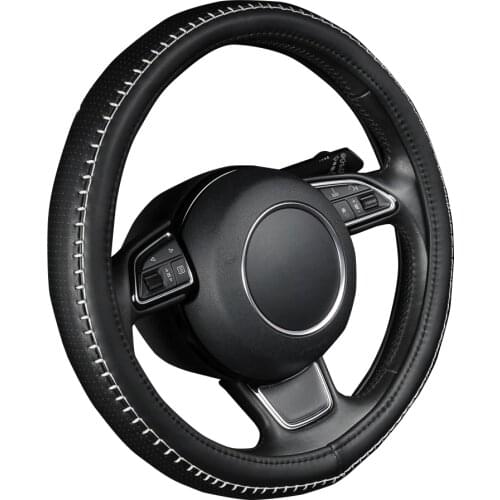 AUTOYOUTH PU leather steering wheel cover black color with white durable sewing thread M size fits 38cm/15" diameter