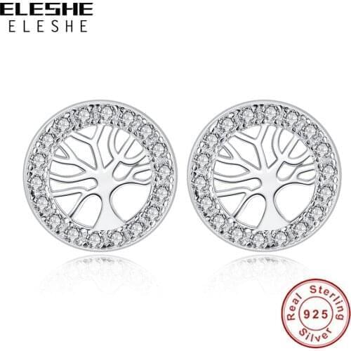 ELESHE 925 Sterling Silver with Crystal CZ Round Life of Tree Stud Earrings For Women Luxury Engagement Wedding Jewelry Gift