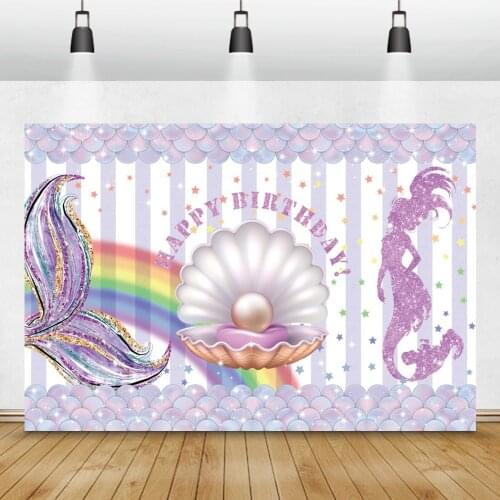 Mermaid Fish Baby Birthday Party Decor Photograph Background Rainbow Shiny Fish Scales Pearl Shell Pattern Custom Photo Backdrop