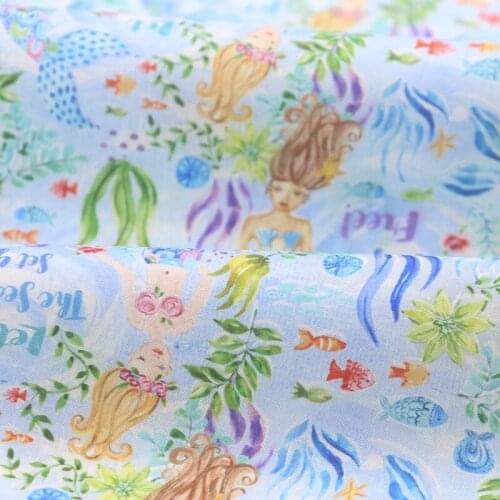 High Count Cotton Fabric By The Meter 80g/yard Mermaid Printed Fabrics For Sewing Baby Clothes Dress Needlework DIY Material