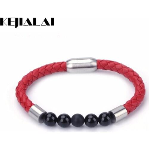 KEJIALAI 8mm Natural Black Fashion Stone Bead Stainless Steel Charms Genuine Colorful Leather Unisex Bracelet Bangle B5008