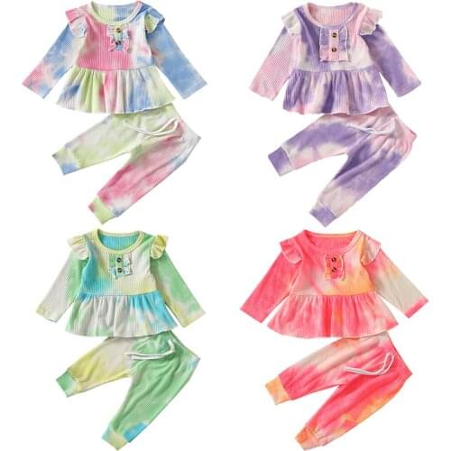 Infant Baby Girls Ribbed Tie dye Clothes Set Infant Colorful Long Sleeve Round Collar Top + Long Pants Blue/ Pink/ Purple/ Green