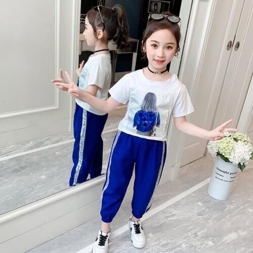 Summer Children Clothing Girls Sets Sequins short Sleeve Tracksuit For 3- 13 Years old Girls Clothes Sport Suit Kids Clothes Set