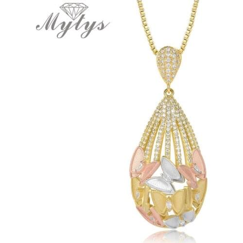 Mytys Fashion Tricolor Gold Necklace for Women Three Gold Sandblasting Gold Butterfly Pattern Oval Pendant Necklace CN415