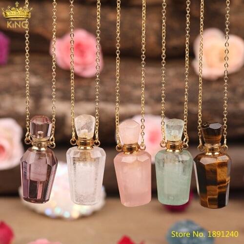 Natural White Pink Quartz Perfume Bottle Essential Oil Pendant Necklace Women Fluorite Tiger Eye Stone Gold Necklace Jewelry