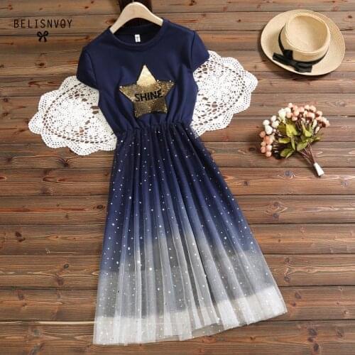 New College Style Dress 2020 Summer Mesh Gradient Patchwork Sequins Star Femininos Vestidos Short Sleeve Midi Girls Dresses
