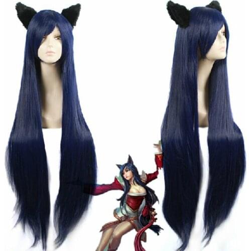 LOL Ahri Wigs Star Guardian the Nine Tailed Fox Dark Blue Heat Resistant Synthetic Hair Cosplay Costume Wig + Wig Cap + Ears