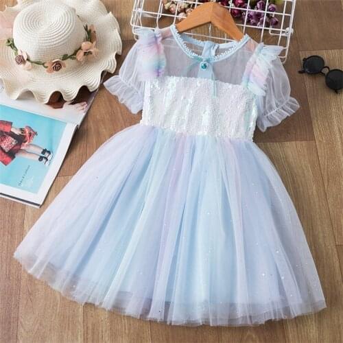 Girls Princess Dress For Kids Spring Summer Short Sleeve Mesh Tulle Dresses Children Sequined Rainbow Wedding Party Costume
