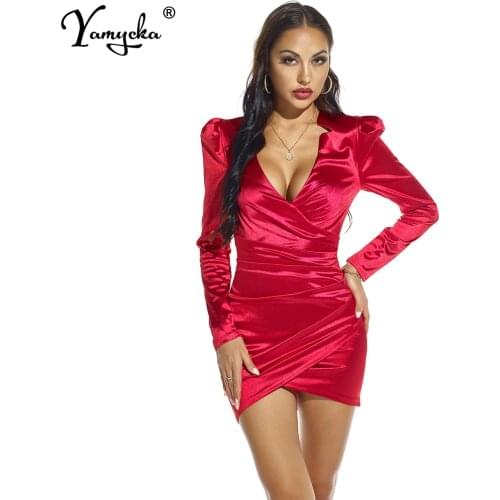 Sexy Red Black Satin Puff Long sleeve autumn night woman Dress women Elegant silk club party Dress wrap ladies Dresses Vestidos