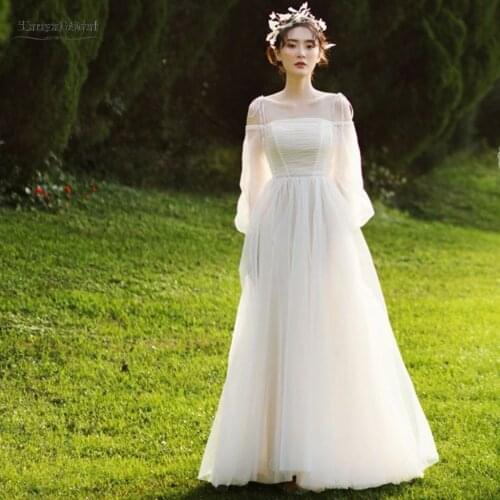 Garden Long Spring Wedding Dress 2021 Long Illusion Sleeves Tulle Bridal Dresses Vestidos De Noiva Bride Gown SWD039