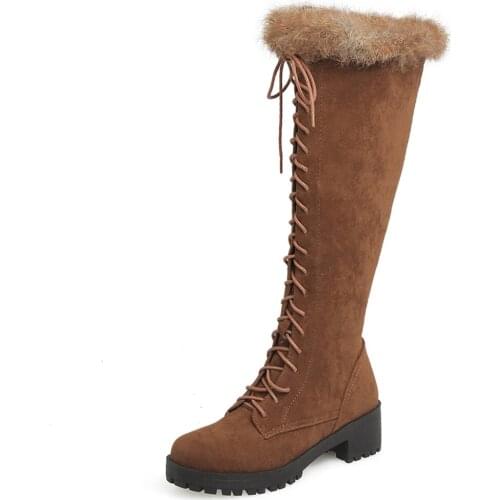 Real Hair Nubuck Leather Cross-Lace Western Boots TPR Flat Rabbit Fur Boots Casual Low-Heeled Warm Flock Womens Shoes