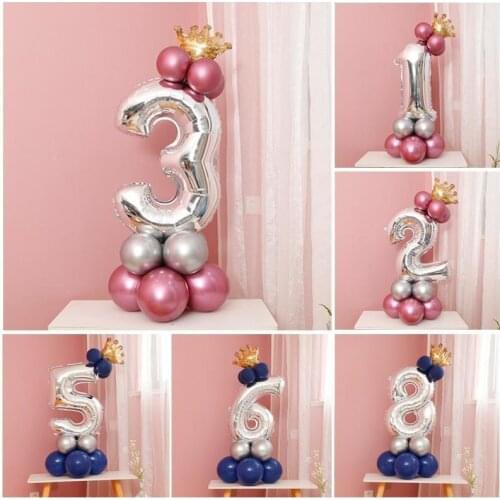 15Pcs/Set 32inch 0-9 Silver Number Foil Balloons With Crown 1st Birthday Party Decoration Kids Baby Shower Digital Helium Ballon