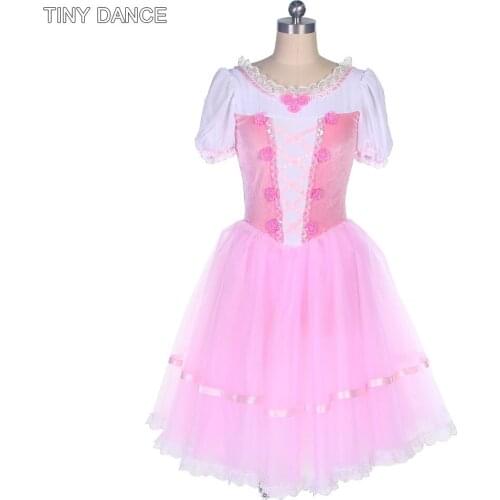 Top Quality Adult Girls Romantic Length Ballet Dance Tutu Short Sleeves Ballerina Costume Leotard Dress with Ribbon Trim 21001