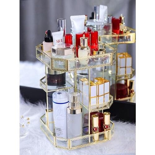 Dressing Table Rotating Cosmetic Storage Box Transparent Glass Table Shelf European Home Rack