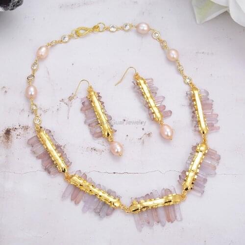 GuaiGuai Jewelry Natural Red Lepidocrocite Quartz Druzy Cultured Pink Rice Pearl Hook Earrings choker Necklace Sets