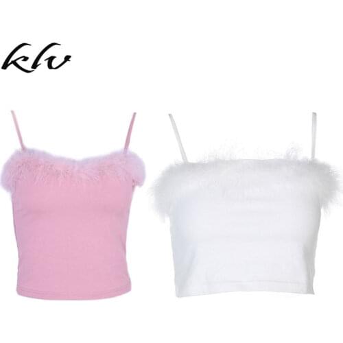 Womens Sexy Fluffy Plush Trim Crop Top Spaghetti Strap Solid Color Feather Bandeau Vest Slim Fit Backless Camisole