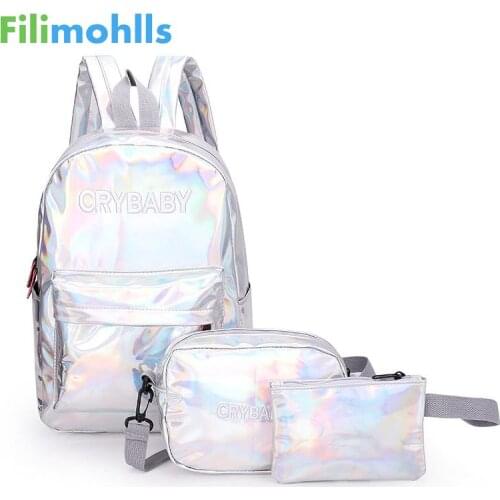 2019 Holographic Laser Backpack Embroidered Crybaby Letters Hologram Backpack School Bag +shoulder bags +penbags 3pcs/set S1907