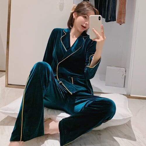 Women Pajamas Suit Sleepwear Turn-Down Collar Lingerie Velour Autumn Winter Bathrobe Kimono Gown 2PCS Nightwear Homewear