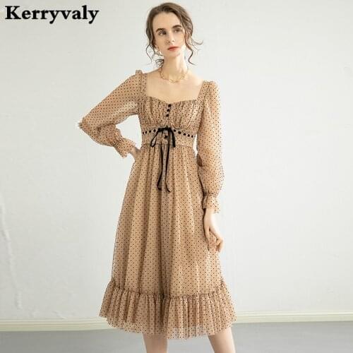 French Retro Soft Bottom Polka Dot Dress Women High Waist Square Collar Chiffon Summer Dress Vestido Midi Elegante K8155