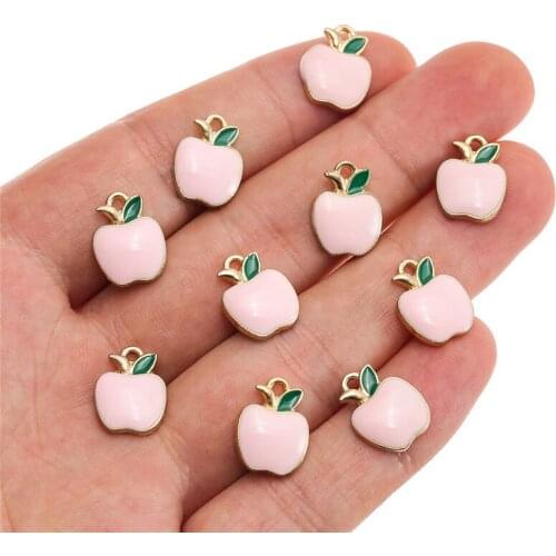 10pcs/lot Cute Fruit Pink Apple Alloy Enamel Charms Pendant DIY Earring Bracelet For Jewelry Making Accessories
