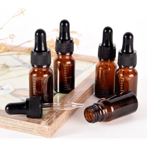100pcs tick mark amber 10ml essential oil glass dropper bottle cosmetic container packaging With black plastic lid