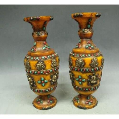 12"Tibet Costful Excellent Folk Mi La Silver inlay turquoise coral Vase Pair