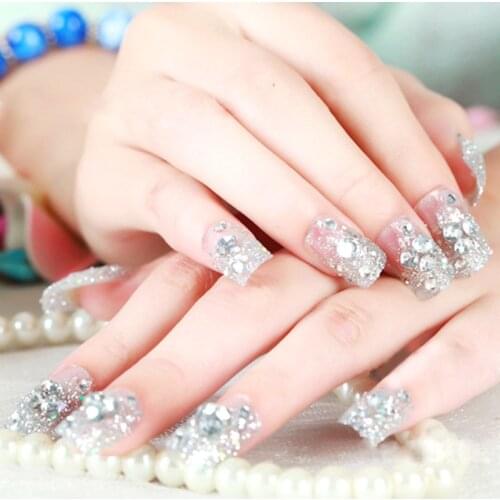 24pcs/Set press on fake nails for women Shiny Silver Glitter crystal 3D Rhinestone Artificial nail tips wedding bride False nail