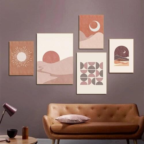 Abstract Landscape Print Sun And Moon Wall Art Canvas Poster Terracotta Boho Painting Nordic Wall Pictures For Living Room Decor