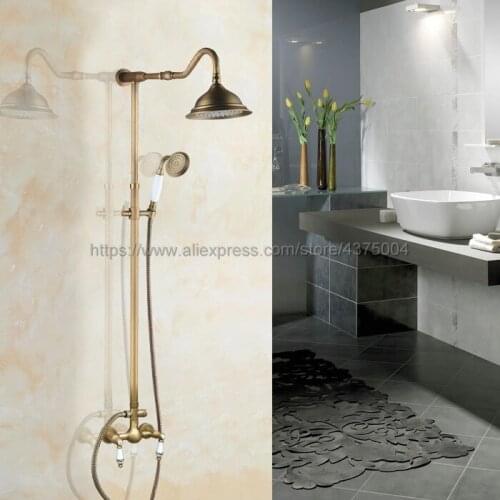 Antique Brass Bathroom 8.2" Rainfall Shower Faucet Set Dual Handle Bath Shower Mixer Taps Wall Mounted with Handshower Nan506
